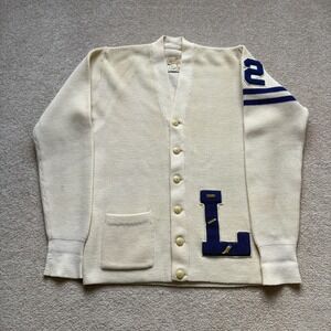 Vintage Schneider Knit Letterman Cardigan Sweater Mens Cream Chenille L 1960s